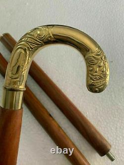 Vintage Designer Brass Handle Antique Style Victorian Cane Wooden Walking Stick