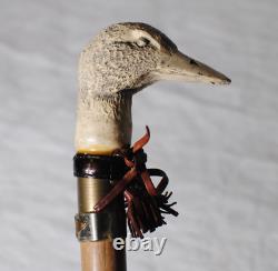 Vintage Duck Head Walking Stick Cane Wooden Hand Carved with Leather & Medallion