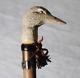 Vintage Duck Head Walking Stick Cane Wooden Hand Carved With Leather & Medallion