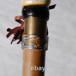 Vintage Duck Head Walking Stick Cane Wooden Hand Carved with Leather & Medallion