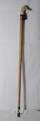 Vintage Duck Head Walking Stick Cane Wooden Hand Carved with Leather & Medallion