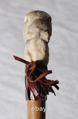 Vintage Duck Head Walking Stick Cane Wooden Hand Carved with Leather & Medallion