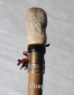 Vintage Duck Head Walking Stick Cane Wooden Hand Carved with Leather & Medallion