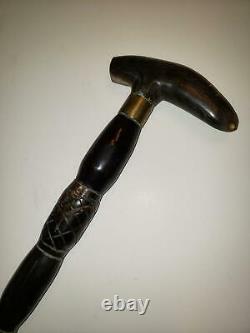 Vintage Ebony Walking Cane Stick Handcrafted Carved Wooden with Brass