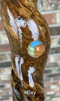 Vintage FolkArt handmade wooden Walking/Hiking Stick WithUnique Antique Marbles