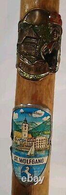 Vintage German Wanderstock Hiking Walking Stick Wooden With 19 Badges Stocknagel