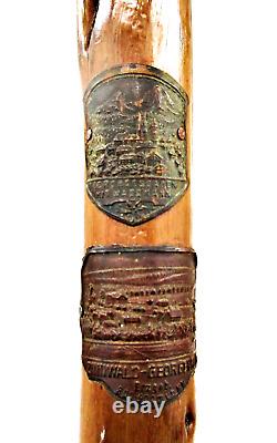 Vintage German Wooden Walking Hiking Stick Cane With Souvenir Badges