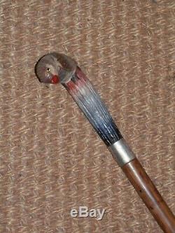 Vintage Hallmarked Silver 1930 Collar Hand Carved Wooden Parrot Walking Stick