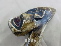 Vintage Hand Carved Alien Looking Tribal Face Mask Wooden Walking Cane Stick