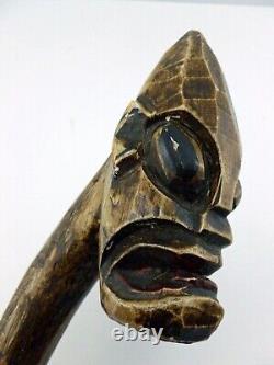Vintage Hand Carved Alien Looking Tribal Face Mask Wooden Walking Cane Stick