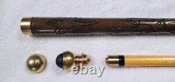 Vintage Hand Carved Wood & Brass Walking Stick/Cane & Hidden Pool Cue