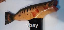 Vintage Hand Carved Wooden 37 Fish Handled Cane Walking Stick Fishing Folk Art