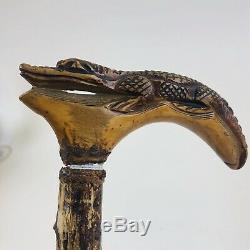 Vintage Hand Carved Wooden Alligator Crocodile Walking Stick Staff Cane