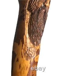Vintage Hand Carved Wooden Cane Walking Stick Hunter Signed 36