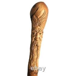 Vintage Hand Carved Wooden Cane Walking Stick Old Man Long Beard Signed 35.5