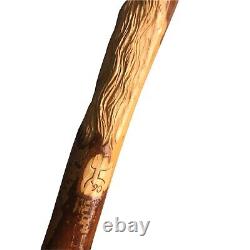 Vintage Hand Carved Wooden Cane Walking Stick Old Man Long Beard Signed 35.5