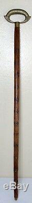 Vintage Hand Carved Wooden Cane Wood Brass Inlay Lucky Walking Stick Clover Art