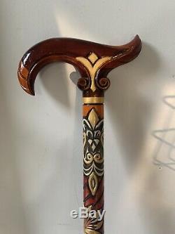 Vintage Hand Carved Wooden Hand Painted Cane Walking Stick/cane