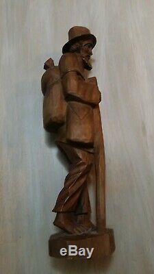 Vintage Hand Carved Wooden Walking Man With Stick, Backpack & Basket RARE