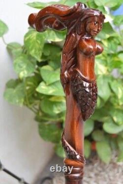 Vintage Mermaid handle Walking Stick Cane Wooden Carved handmade wood crafted