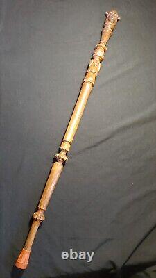 Vintage Native American carved wood Walking Stick Indian Head Signed 60+ Old