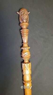 Vintage Native American carved wood Walking Stick Indian Head Signed 60+ Old