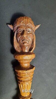 Vintage Native American carved wood Walking Stick Indian Head Signed 60+ Old