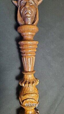 Vintage Native American carved wood Walking Stick Indian Head Signed 60+ Old