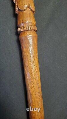 Vintage Native American carved wood Walking Stick Indian Head Signed 60+ Old