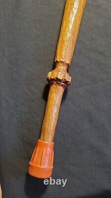 Vintage Native American carved wood Walking Stick Indian Head Signed 60+ Old