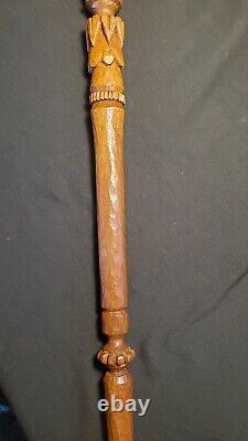 Vintage Native American carved wood Walking Stick Indian Head Signed 60+ Old