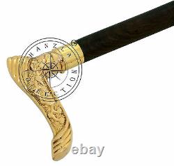 Vintage Nautical Walking Stick Designer Golden Brass Handle Black Wooden Cane