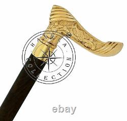 Vintage Nautical Walking Stick Designer Golden Brass Handle Black Wooden Cane