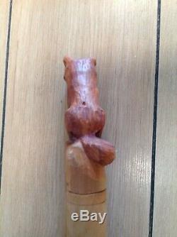 Vintage Wooden Walking And Hiking Stick With Wooden Carved Wolf Figure 58