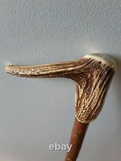 Vintage Wooden Walking Stick Antler Horn Handle