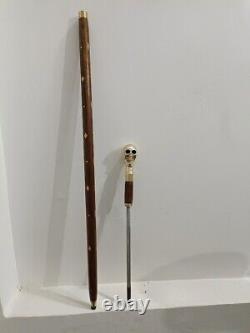 Vintage Wooden walking Stick With Skull Handle hiking Walking Stick