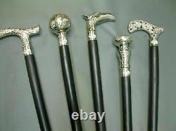 Vintage Wooden walking sticks silver knob Handle Walking stick set of 5 Unit