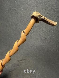 Vintage twisted wood antler handle walking stick cane 36