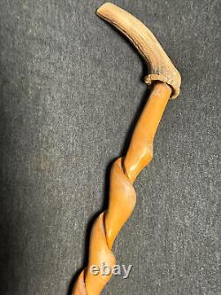 Vintage twisted wood antler handle walking stick cane 36