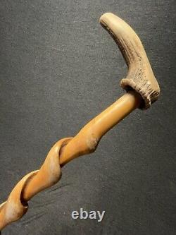 Vintage twisted wood antler handle walking stick cane 36