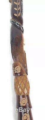 Vtg Hand Carved Wooden 40 Lion Snake Men Walking Stick Wood Cane Jamaican Made