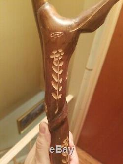 Vtg Hand Carved Wooden 43 Walking Stick Wood Cane Jamaican Made. Handcrafted