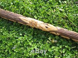 Vtg Old Hand Carved Folk Art Wooden Walking Stick Cane Tomahawk Brass Axe Shaped