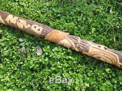 Vtg Old Hand Carved Folk Art Wooden Walking Stick Cane Tomahawk Brass Axe Shaped