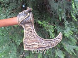 Vtg Rare German Wooden Walking Stick Cane Tomahawk Brass Miners Axe Head Shaped