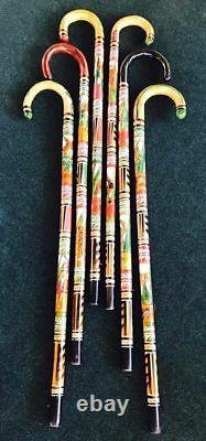 W Rubber Tip Hand Carved Painted Wooden Mexican Walking Cane Stick Staff Aztec