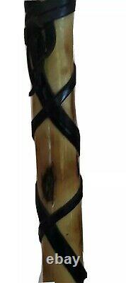 Walking Cane Hiking Stick Wooden Handmade Wood Hand carved Leather 35 1 of kind