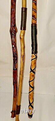 Walking Cane Hiking Stick Wooden Handmade Wood Hand carved Leather 40 1 of kind