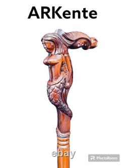 Walking Stick 100%Wooden Carved Mermaid, Cane handmade. Halloween gift