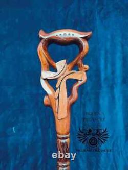 Walking Stick Cane Christian Cross wood Hand carved handle wooden Art